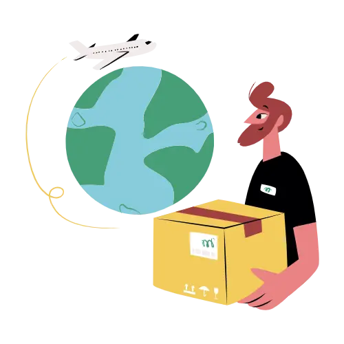 Person holding a shipping box with an airplane circling a globe, symbolizing international delivery or shipping services.